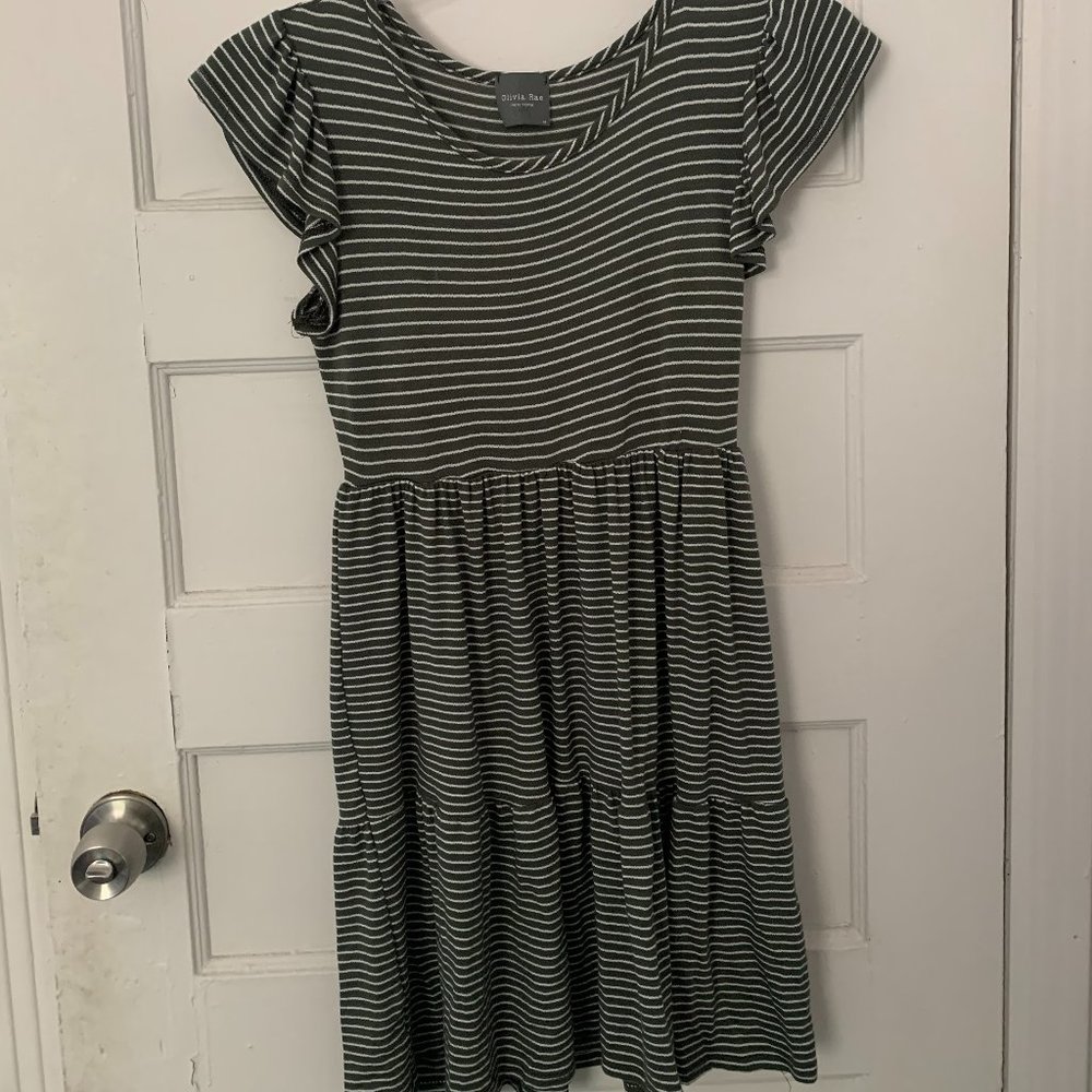 Olive Green Striped Short Dress (M)